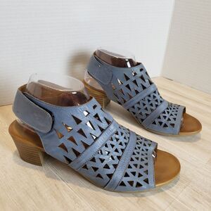 Spring Step Blue Cutout Block Heel Sandals Open Toe Side Zip Women’s Size 9/9.5